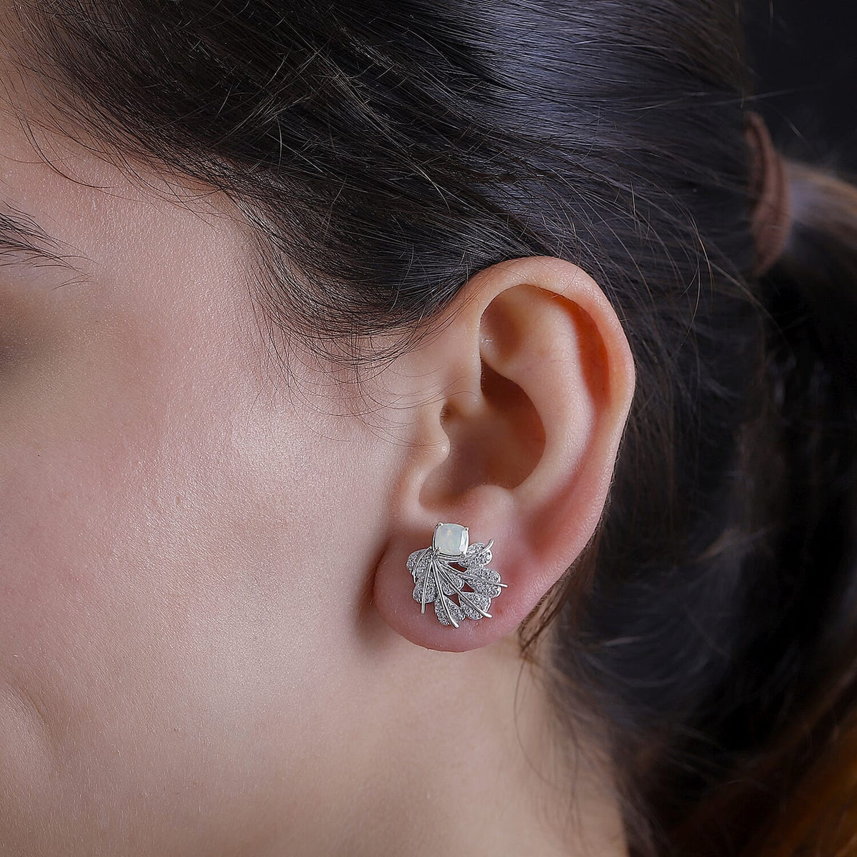 Ethiopian Opal, White Zircon Cluster Earrings With Push Back in Rhodium Overlay Sterling Silver 1.48 Ct. 7934477 2