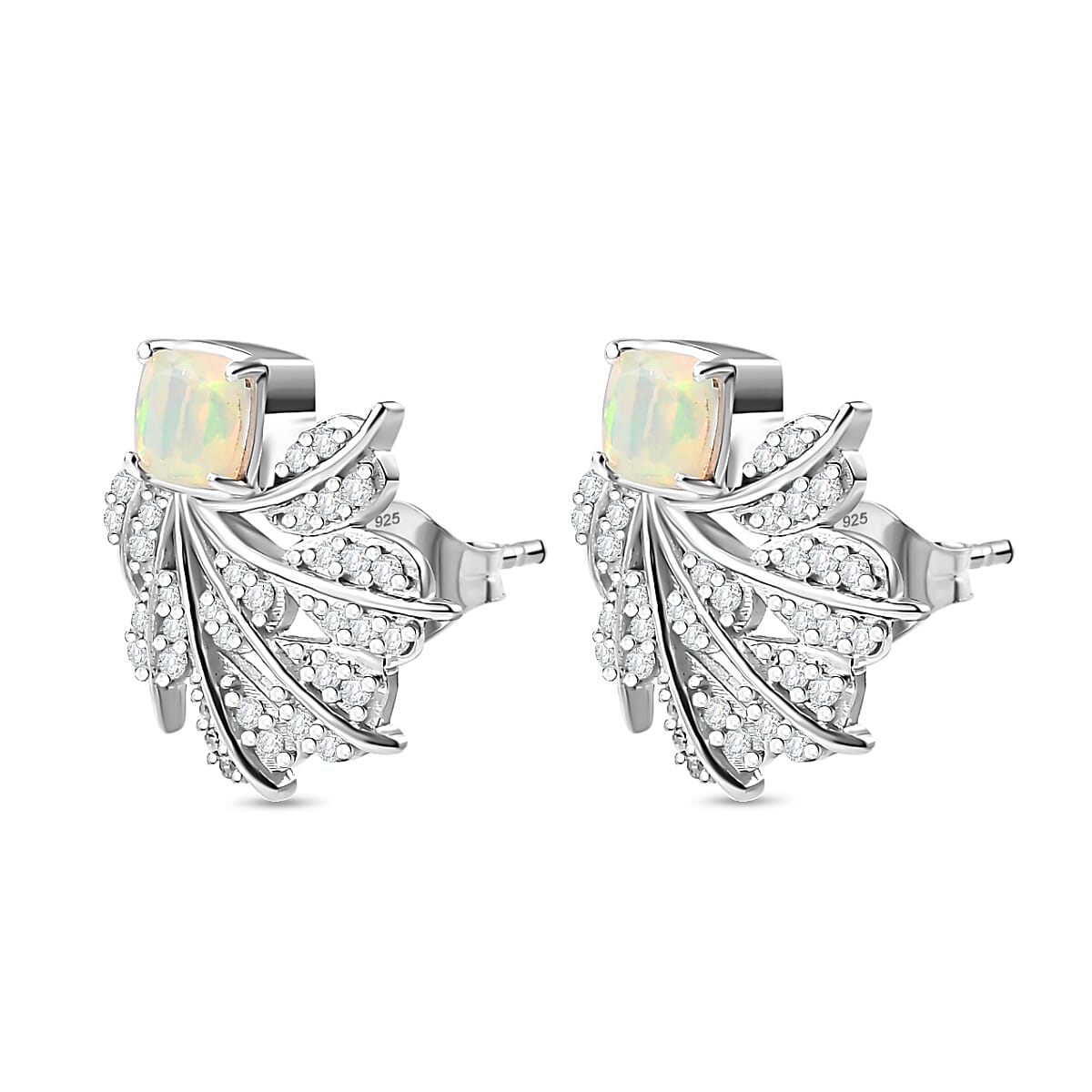 Ethiopian Opal, White Zircon Cluster Earrings With Push Back in Rhodium Overlay Sterling Silver 1.48 Ct. 7934477 3