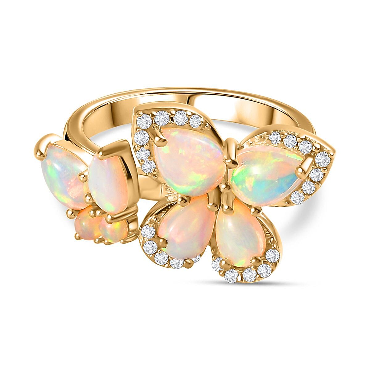 Ethiopian Opal, White Zircon Butterfly Cluster Ring in 18K Yellow Gold Vermeil Plated Sterling Silver  2.288  Ct. 7794044 0