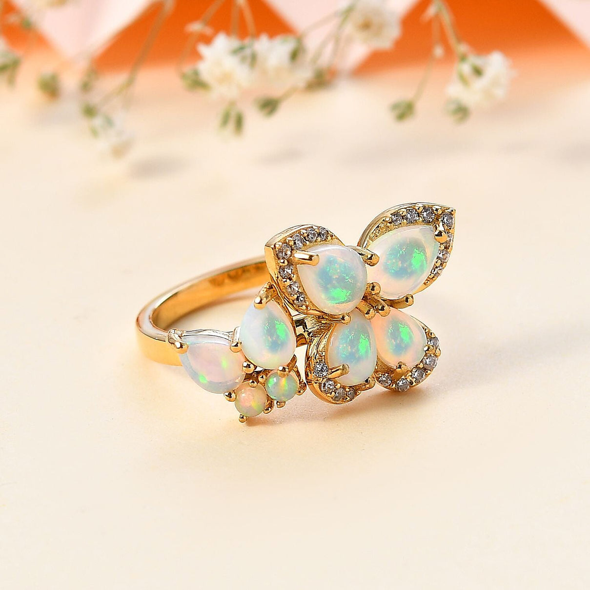 Ethiopian Opal, White Zircon Butterfly Cluster Ring in 18K Yellow Gold Vermeil Plated Sterling Silver  2.288  Ct. 7794044 2