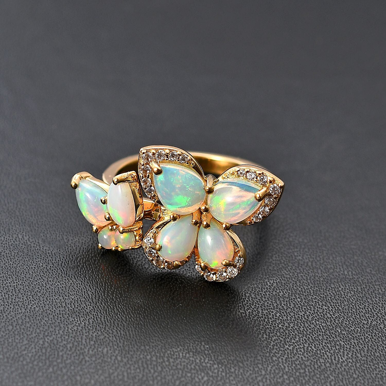 Ethiopian Opal, White Zircon Butterfly Cluster Ring in 18K Yellow Gold Vermeil Plated Sterling Silver  2.288  Ct. 7794044 3