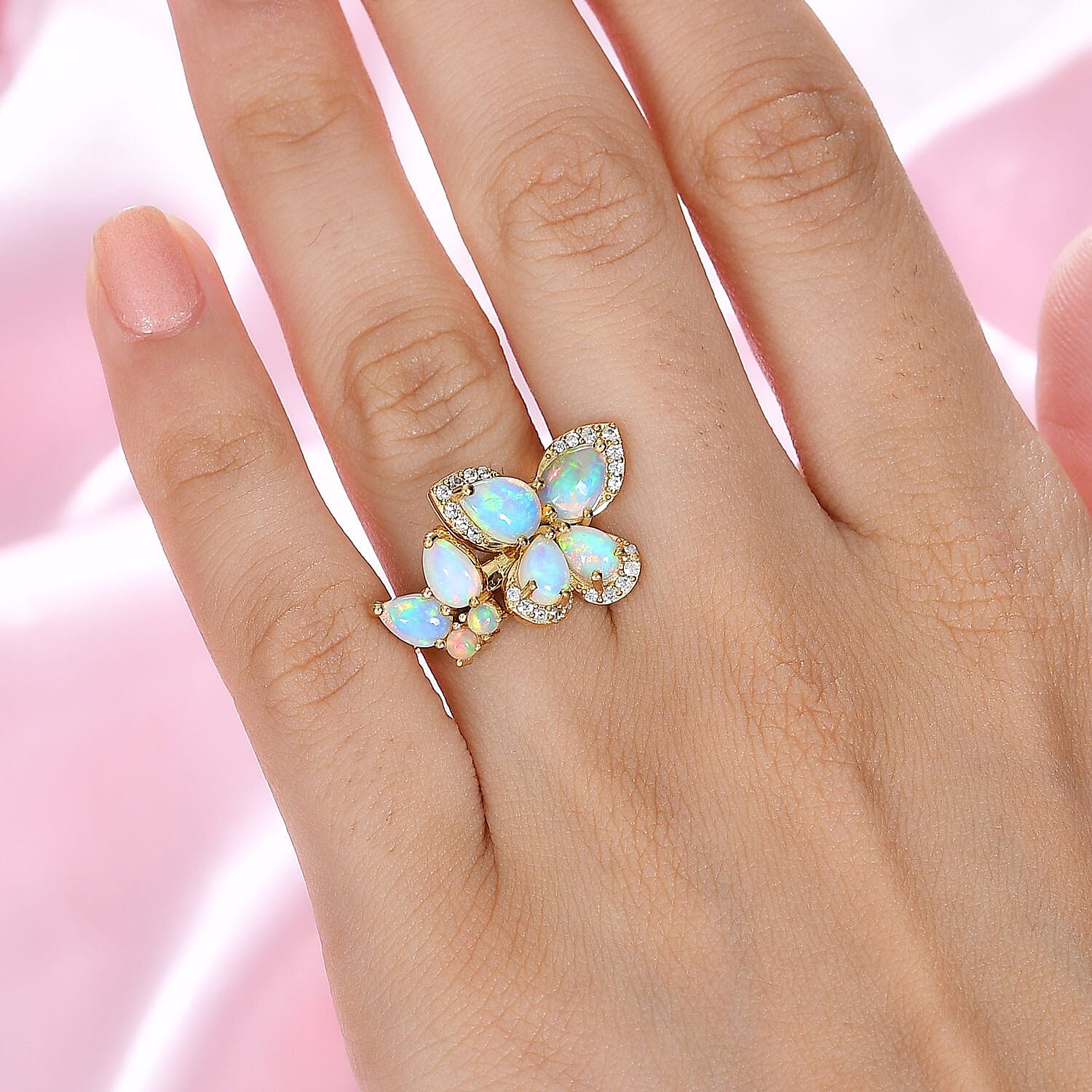 Ethiopian Opal, White Zircon Butterfly Cluster Ring in 18K Yellow Gold Vermeil Plated Sterling Silver  2.288  Ct. 7794044 4
