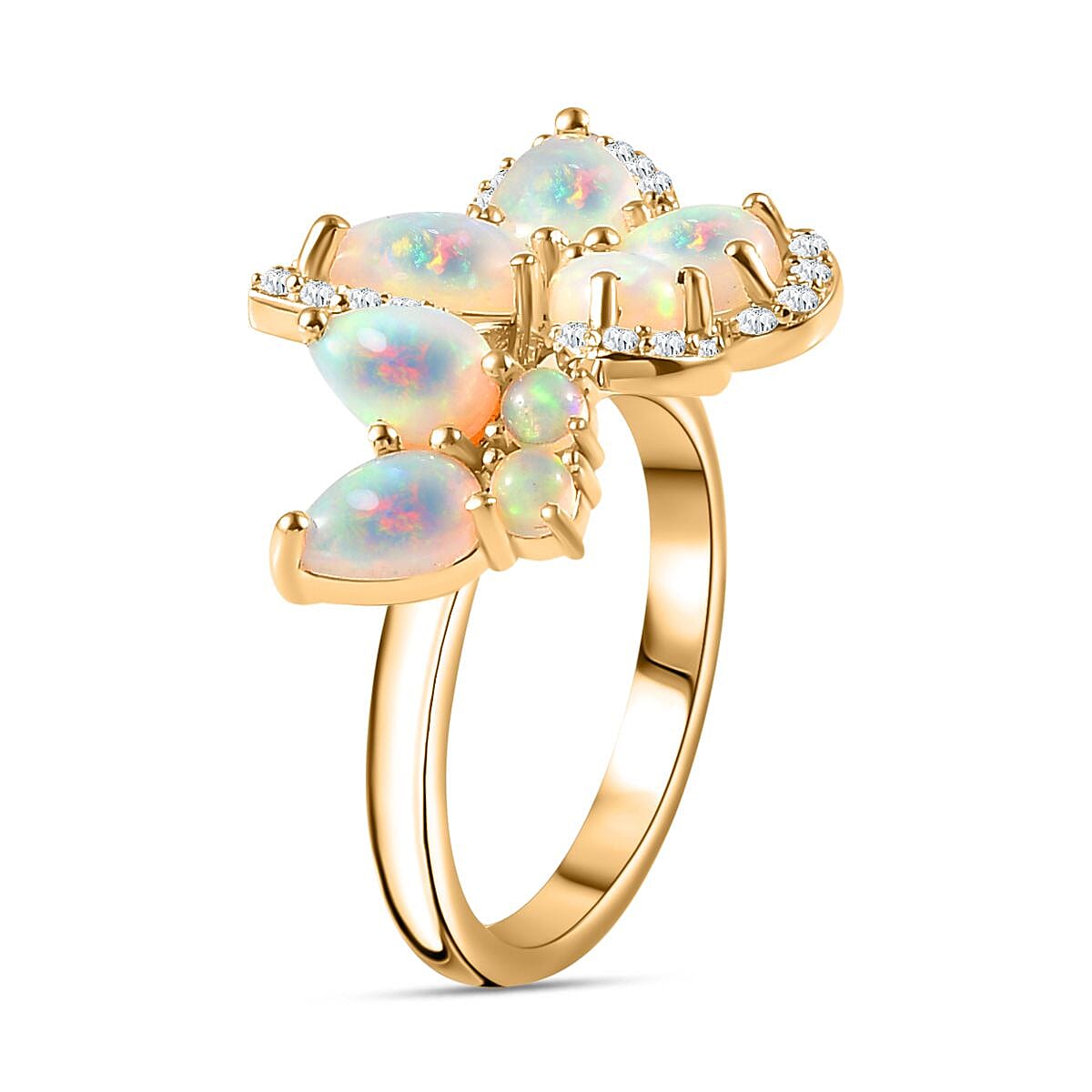 Ethiopian Opal, White Zircon Butterfly Cluster Ring in 18K Yellow Gold Vermeil Plated Sterling Silver  2.288  Ct. 7794044 5