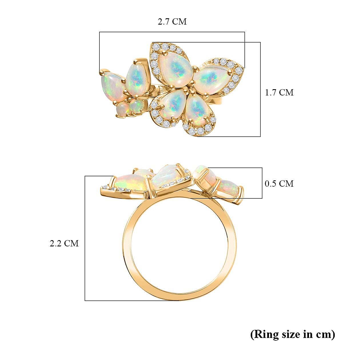 Ethiopian Opal, White Zircon Butterfly Cluster Ring in 18K Yellow Gold Vermeil Plated Sterling Silver  2.288  Ct. 7794044 7