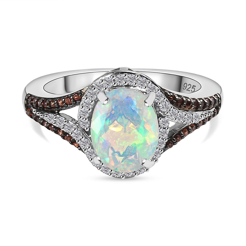 Ethiopian Welo Opal & Natural Zircon & Coffee Zircon Halo Ring in Platinum Overlay Sterling Silver 1.40 Ct