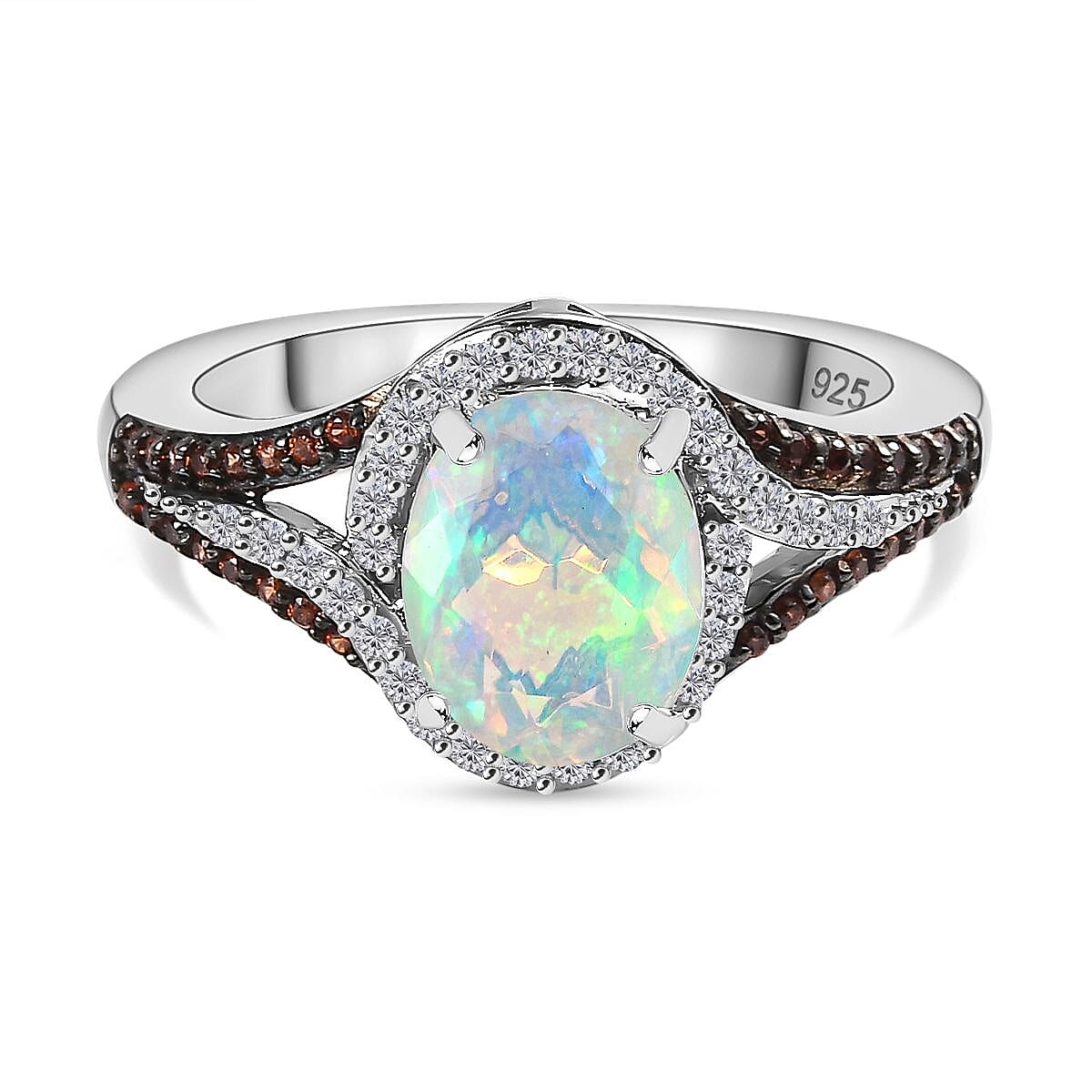 Ethiopian Welo Opal &amp; Natural Zircon &amp; Coffee Zircon Halo Ring in Platinum Overlay Sterling Silver 1.40 Ct 7787870 0