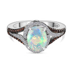 Ethiopian Welo Opal & Natural Zircon & Coffee Zircon Halo Ring in Platinum Overlay Sterling Silver 1.40 Ct