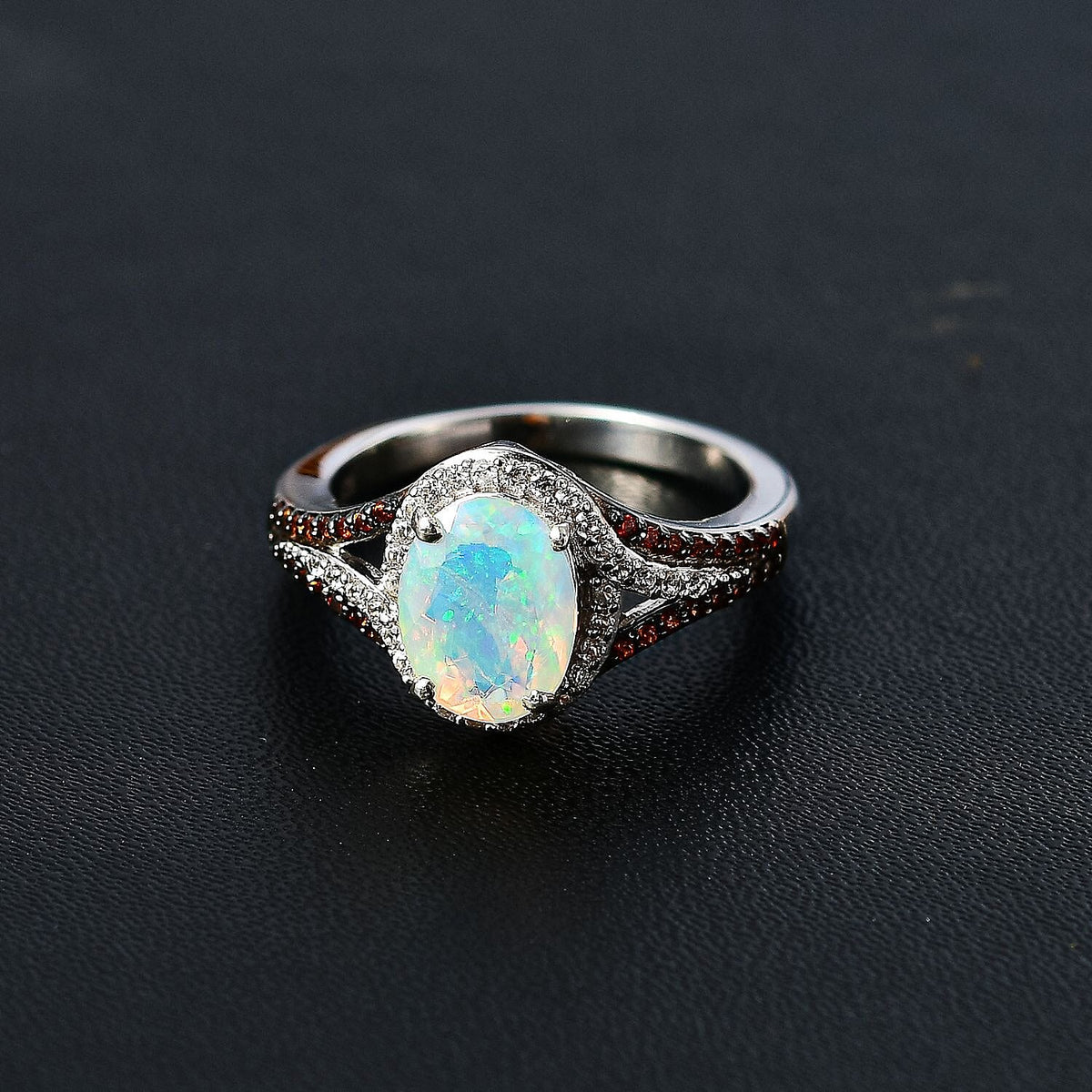 Ethiopian Welo Opal &amp; Natural Zircon &amp; Coffee Zircon Halo Ring in Platinum Overlay Sterling Silver 1.40 Ct 7787870 1