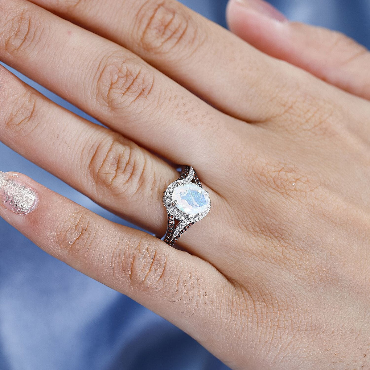 Ethiopian Welo Opal &amp; Natural Zircon &amp; Coffee Zircon Halo Ring in Platinum Overlay Sterling Silver 1.40 Ct 7787870 2