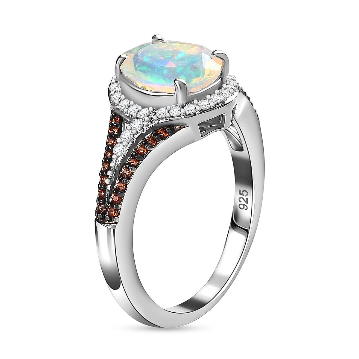 Ethiopian Welo Opal &amp; Natural Zircon &amp; Coffee Zircon Halo Ring in Platinum Overlay Sterling Silver 1.40 Ct 7787870 3