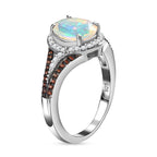 Ethiopian Welo Opal & Natural Zircon & Coffee Zircon Halo Ring in Platinum Overlay Sterling Silver 1.40 Ct