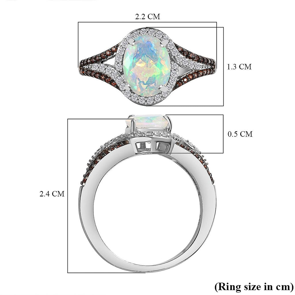 Ethiopian Welo Opal & Natural Zircon & Coffee Zircon Halo Ring in Platinum Overlay Sterling Silver 1.40 Ct