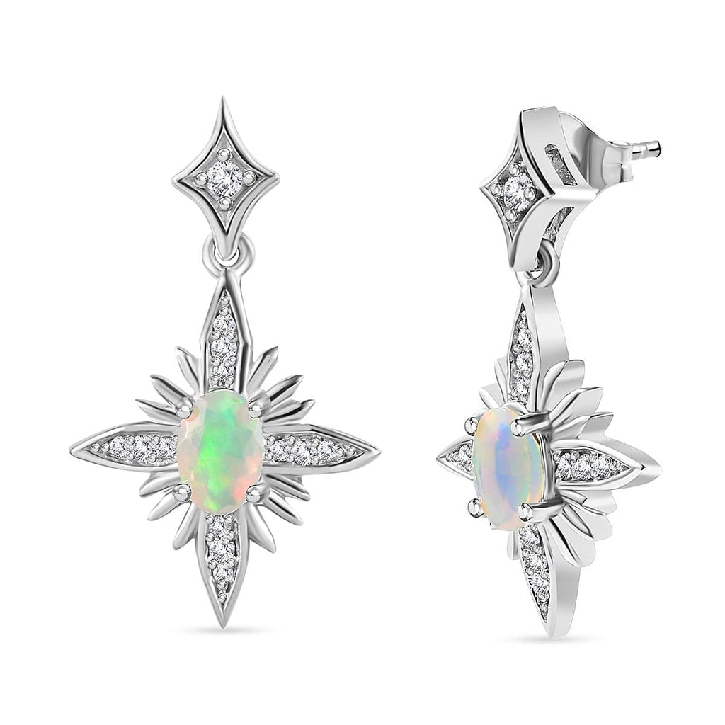 Ethiopian Welo Opal & Natural Zircon Dangle Earrings in Platinum Overlay Sterling Silver