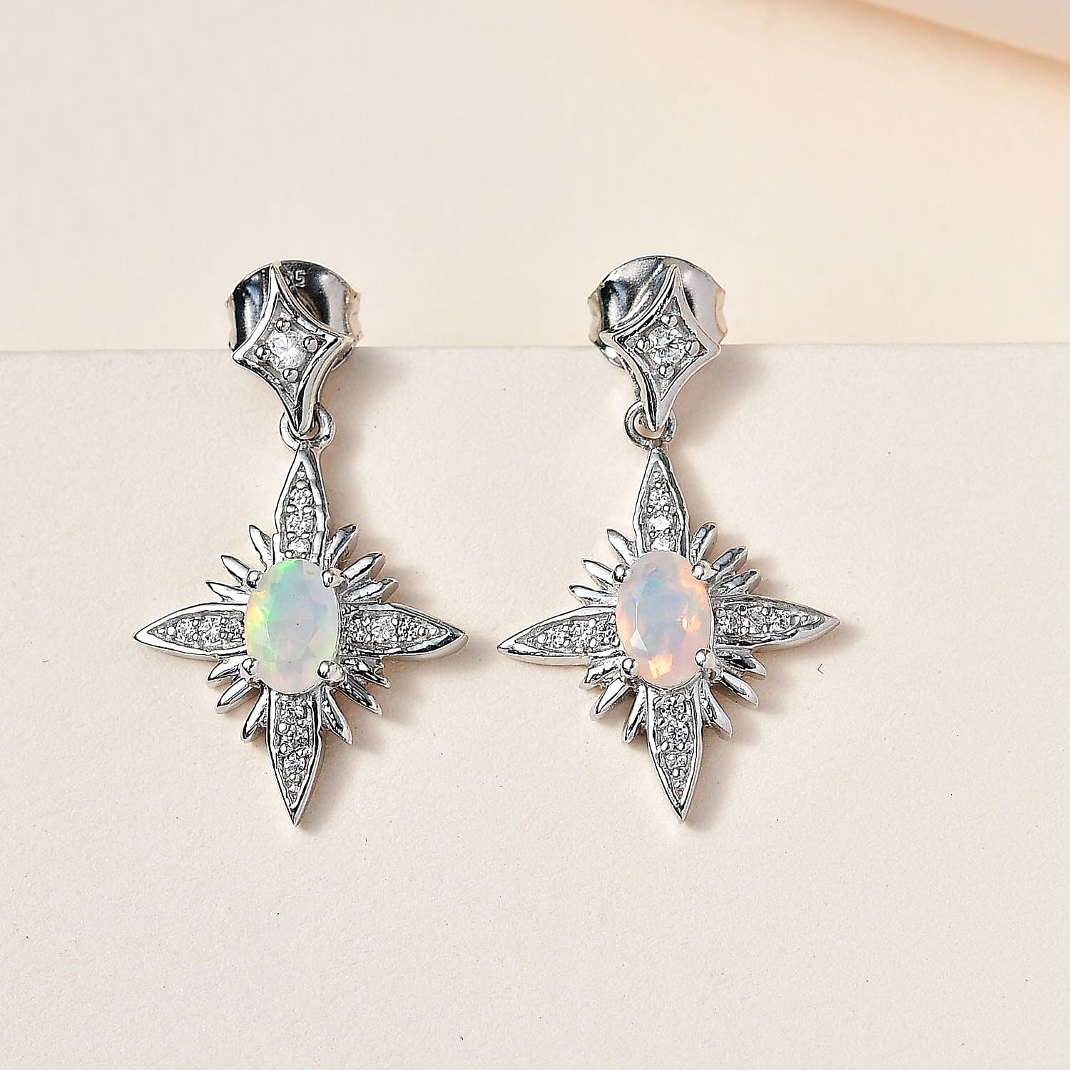 Ethiopian Welo Opal &amp; Natural Zircon Dangle Earrings in Platinum Overlay Sterling Silver 7721154 1