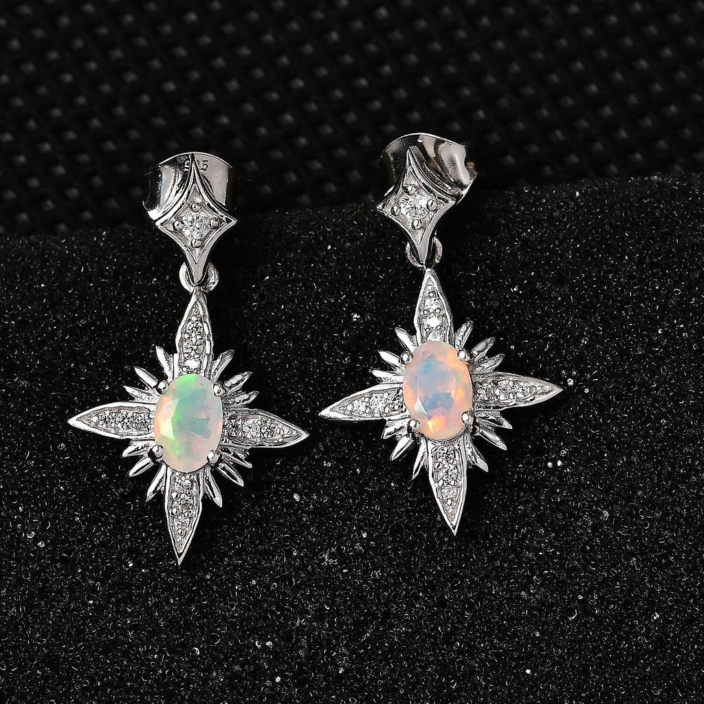 Ethiopian Welo Opal & Natural Zircon Dangle Earrings in Platinum Overlay Sterling Silver