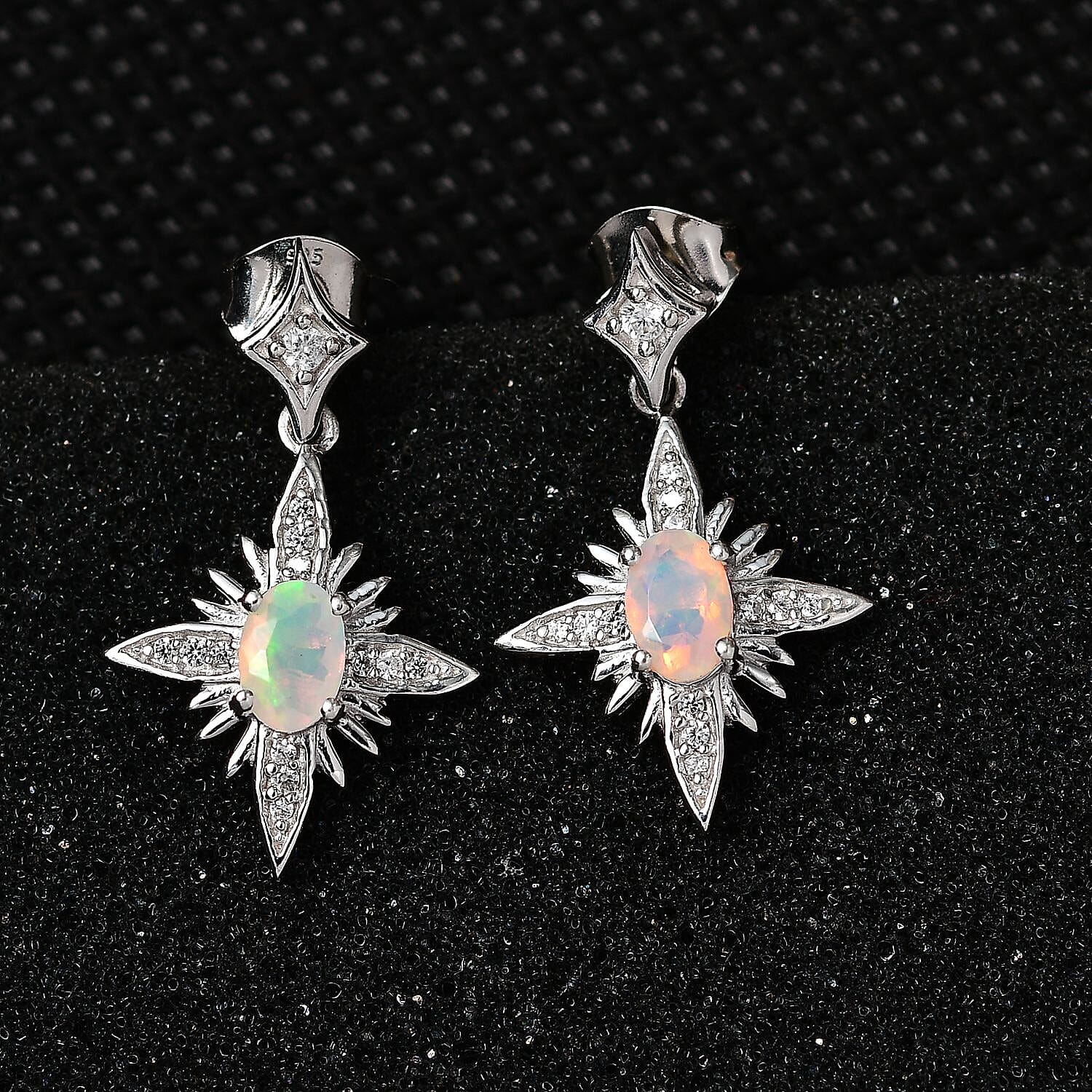 Ethiopian Welo Opal &amp; Natural Zircon Dangle Earrings in Platinum Overlay Sterling Silver 7721154 2