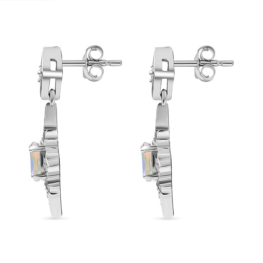 Ethiopian Welo Opal & Natural Zircon Dangle Earrings in Platinum Overlay Sterling Silver
