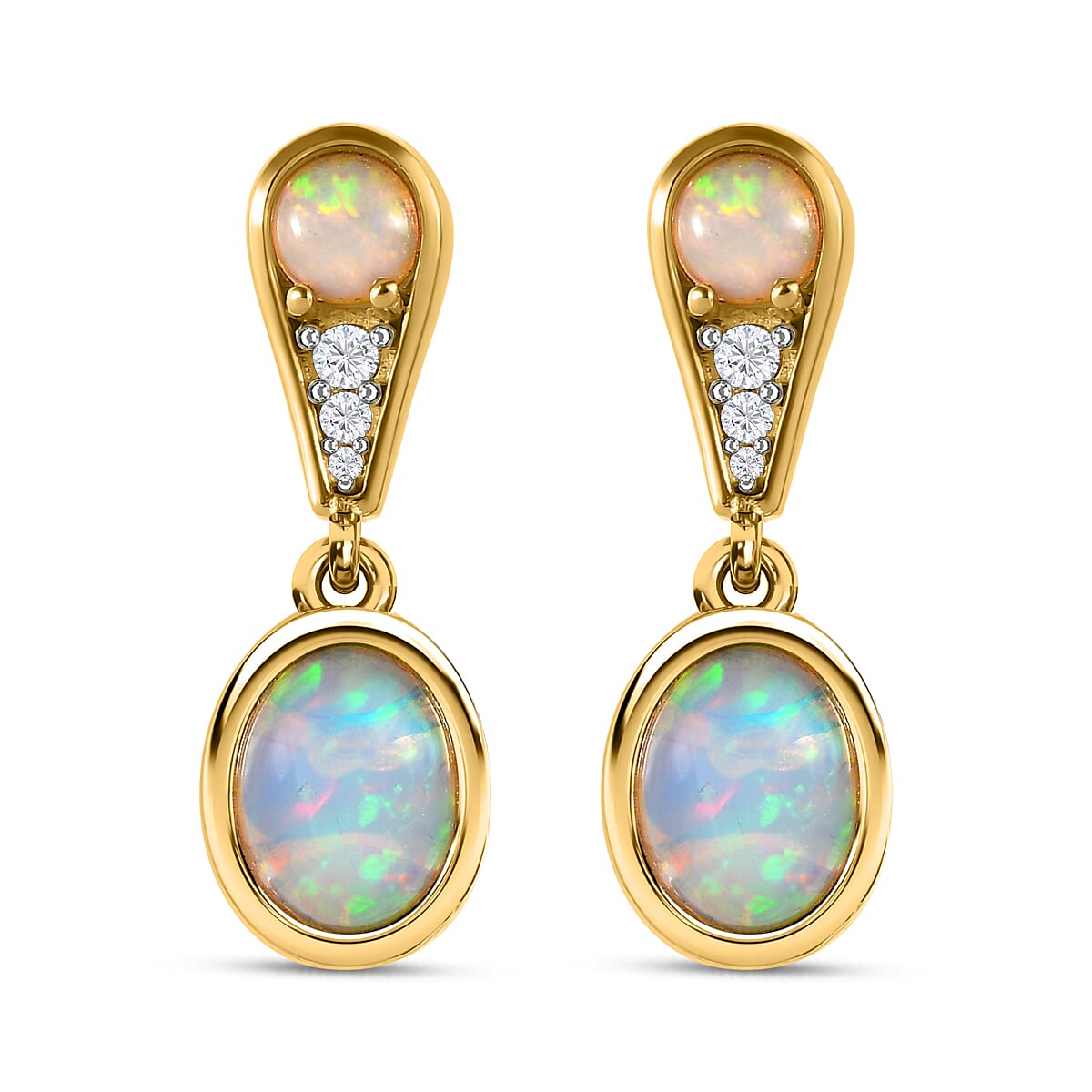 Ethiopian Welo Opal &amp; Natural Zircon Dangle Earrings in 18K Yellow Gold Vermeil Plated Sterling Silver 2.25 Ct. 7562789 0