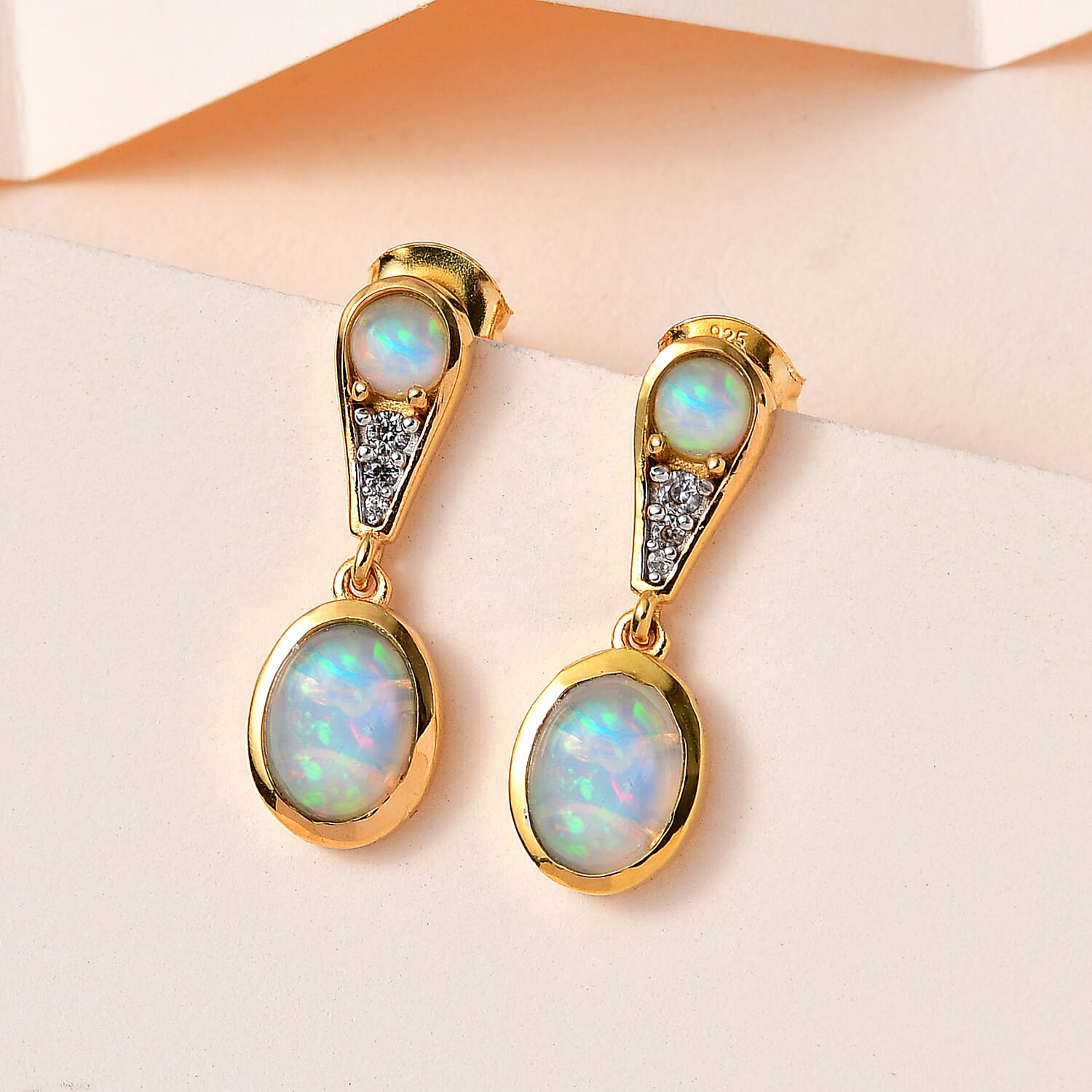 Ethiopian Welo Opal &amp; Natural Zircon Dangle Earrings in 18K Yellow Gold Vermeil Plated Sterling Silver 2.25 Ct. 7562789 1