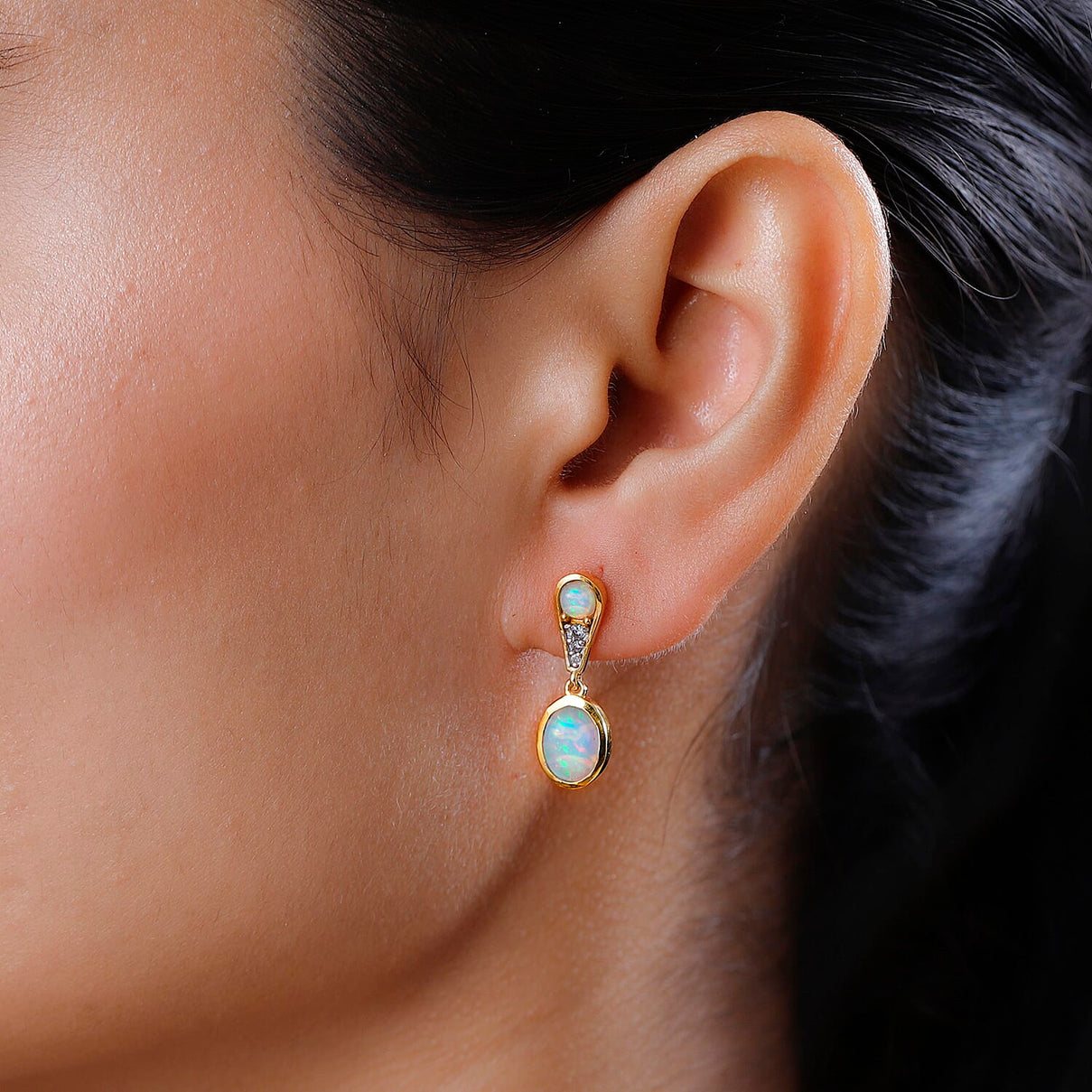 Ethiopian Welo Opal &amp; Natural Zircon Dangle Earrings in 18K Yellow Gold Vermeil Plated Sterling Silver 2.25 Ct. 7562789 2