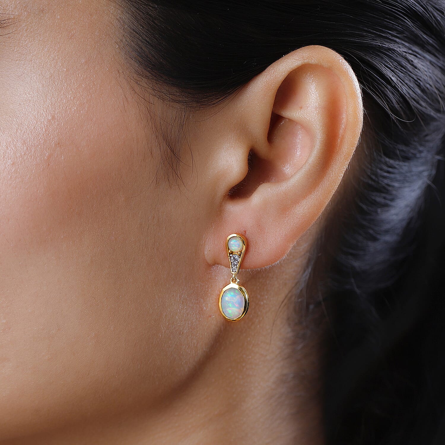 Ethiopian Welo Opal &amp; Natural Zircon Dangle Earrings in 18K Yellow Gold Vermeil Plated Sterling Silver 2.25 Ct. 7562789 2