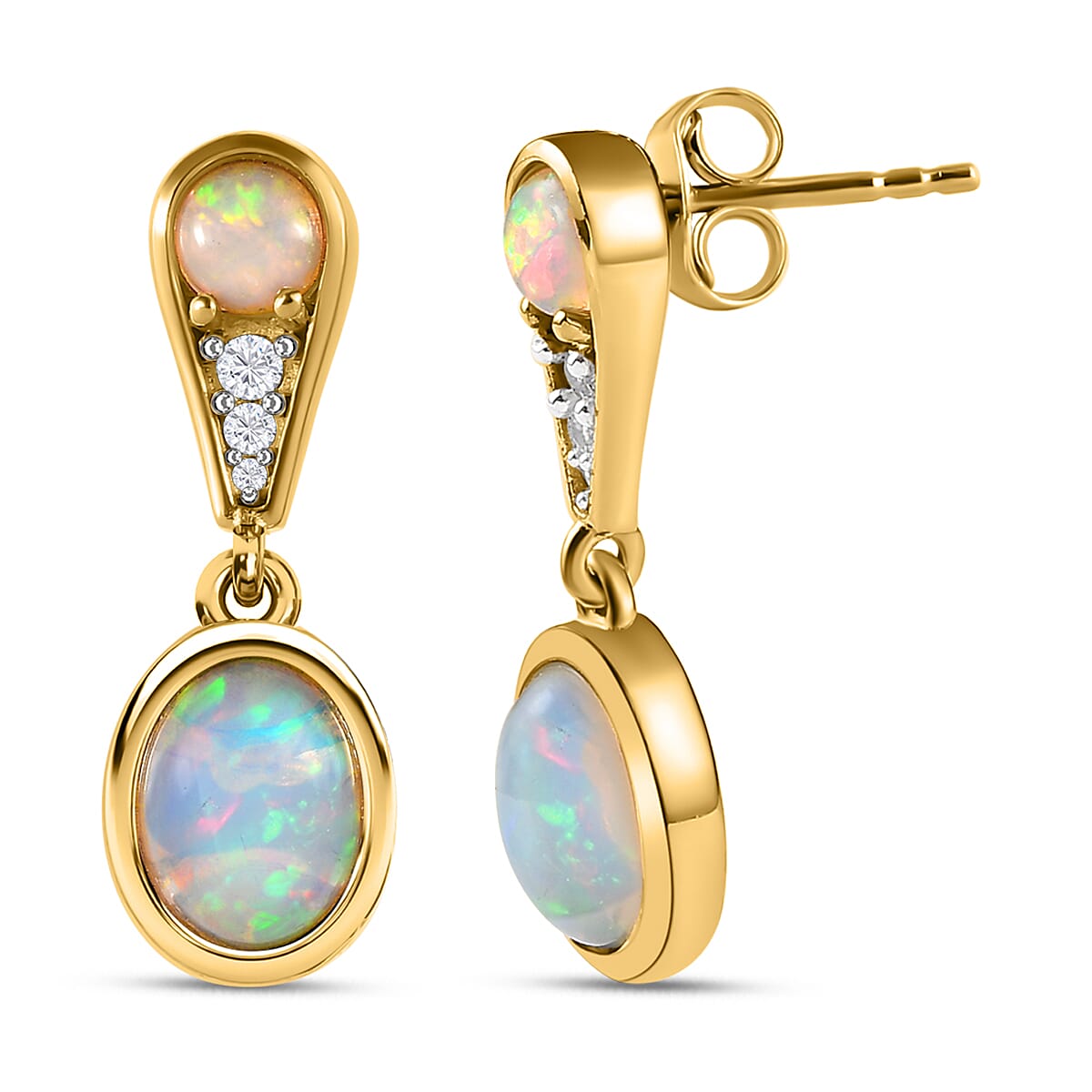 Ethiopian Welo Opal &amp; Natural Zircon Dangle Earrings in 18K Yellow Gold Vermeil Plated Sterling Silver 2.25 Ct. 7562789 3