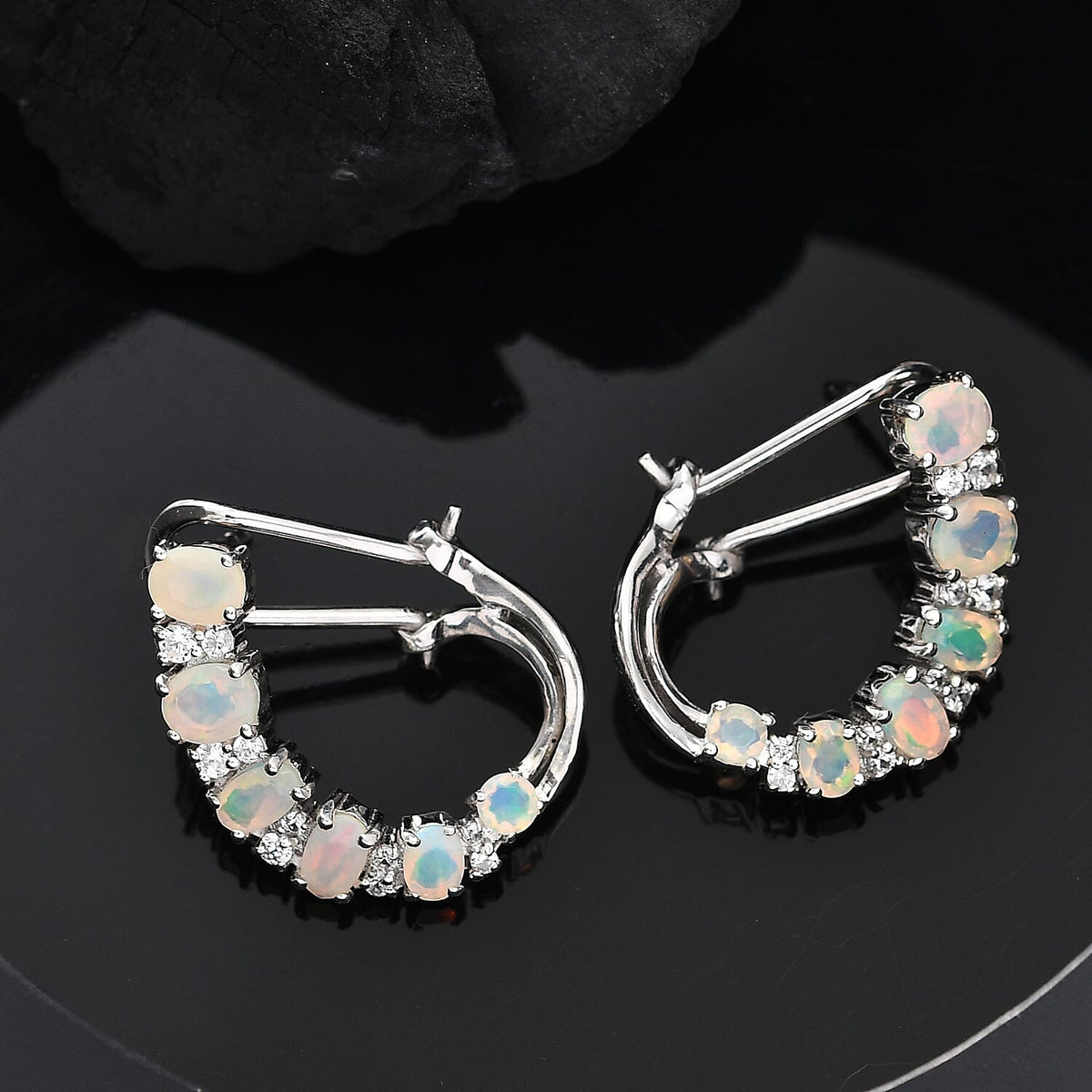 Ethiopian Faceted Opal &amp; White Zircon Earring with Omega Clip in Rhodium Overlay Sterling Silver 2.34 Ct. 8076439 5