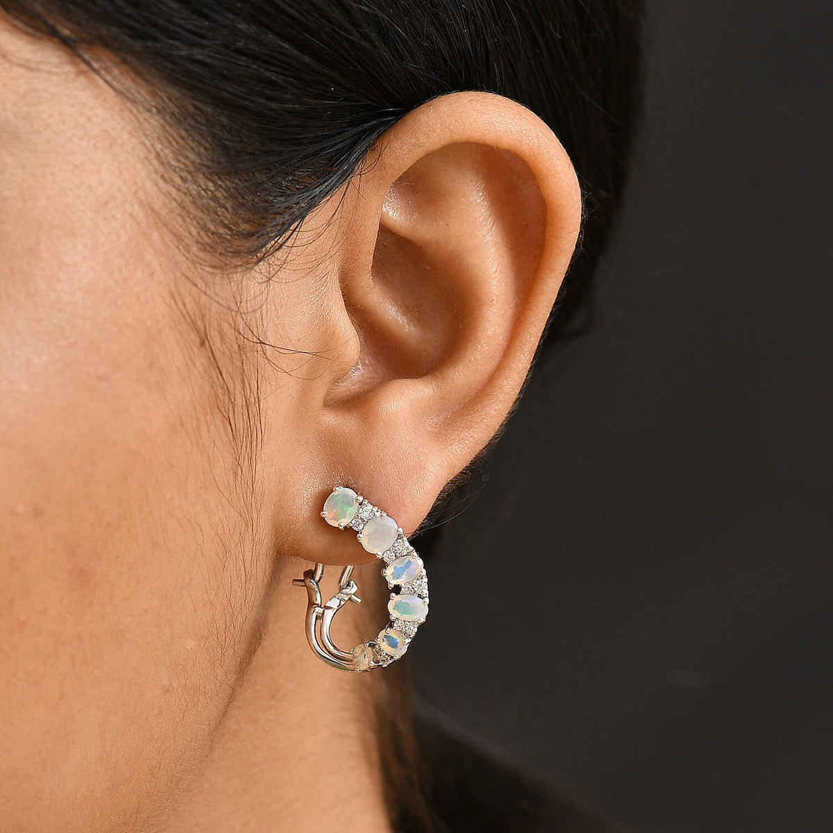 Ethiopian Faceted Opal &amp; White Zircon Earring with Omega Clip in Rhodium Overlay Sterling Silver 2.34 Ct. 8076439 8