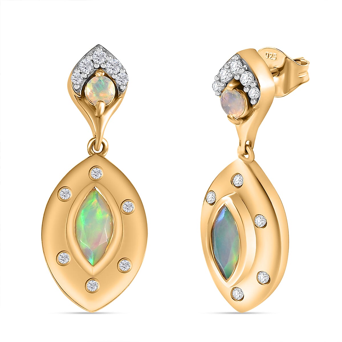 Ethiopian Faceted Opal &amp; White Zircon Earring with Push Back in 18K Vermeil Yellow Gold Plated Sterling Silver 1.19 Ct. 8070553 2