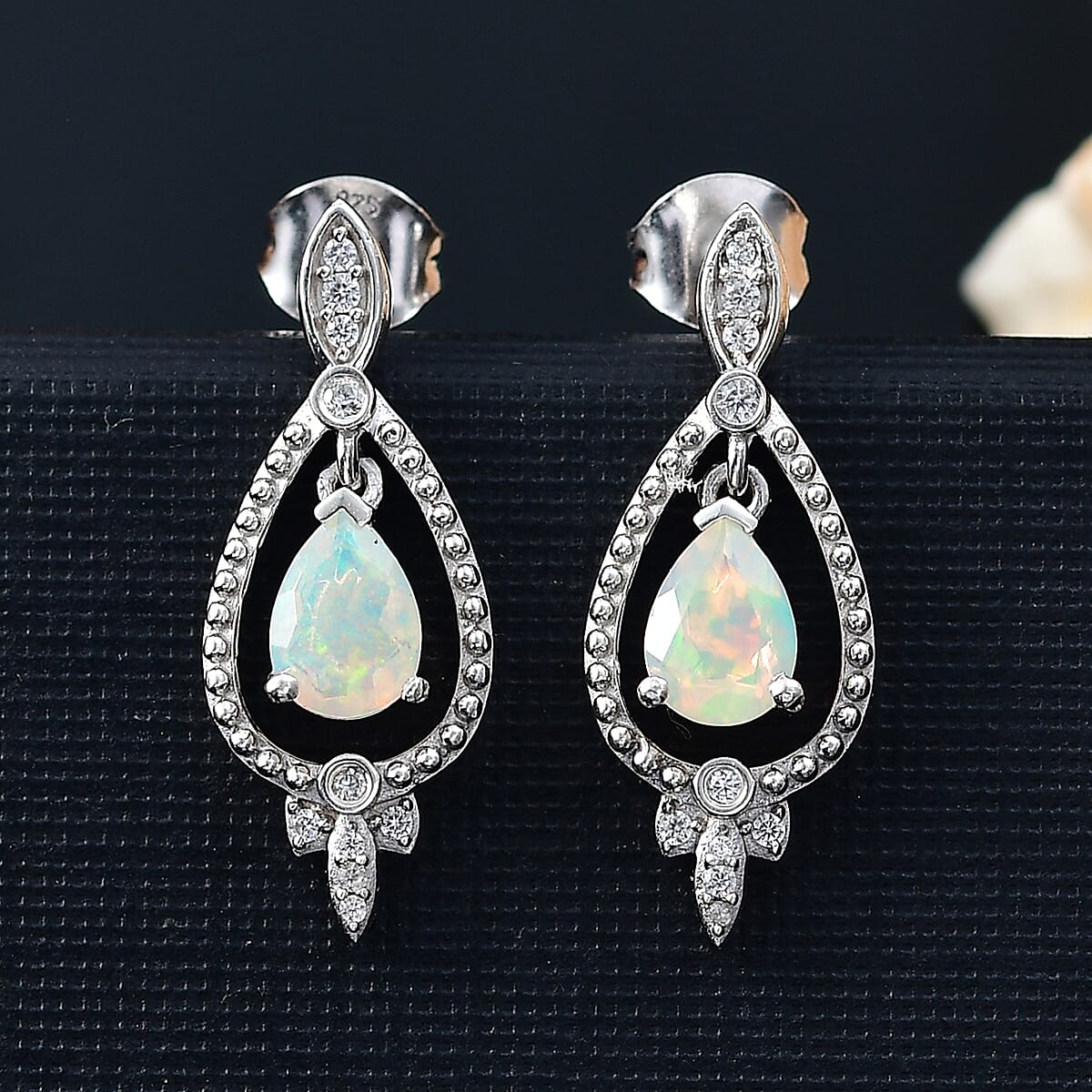 Ethiopian Faceted Opal &amp; White Zircon Earring with Push Back in Rhodium Overlay Sterling Silver 1.15 Ct. 8064943 5