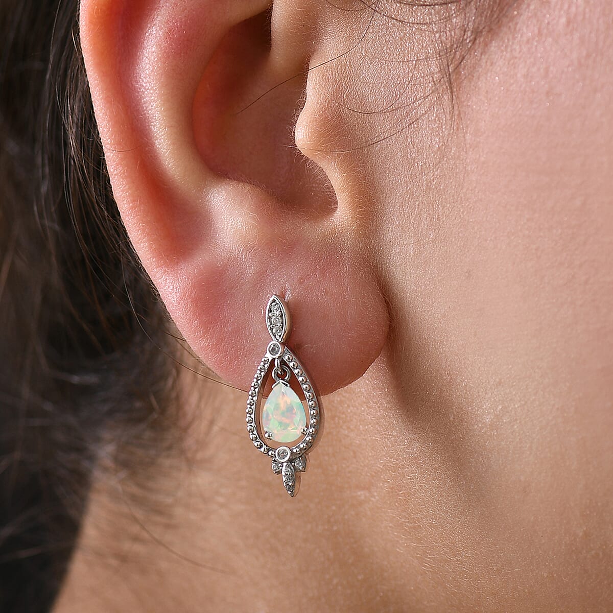 Ethiopian Faceted Opal &amp; White Zircon Earring with Push Back in Rhodium Overlay Sterling Silver 1.15 Ct. 8064943 8