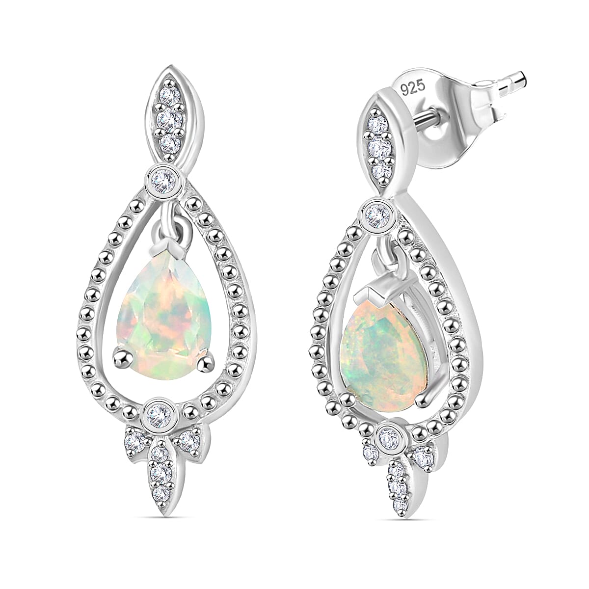 Ethiopian Faceted Opal &amp; White Zircon Earring with Push Back in Rhodium Overlay Sterling Silver 1.15 Ct. 8064943 3