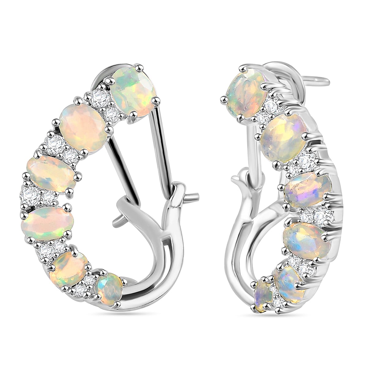 Ethiopian Faceted Opal &amp; White Zircon Earring with Omega Clip in Rhodium Overlay Sterling Silver 2.34 Ct. 8076439 3