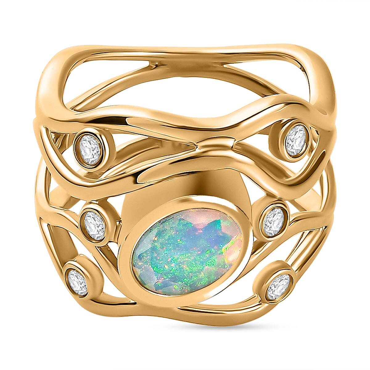 Ethiopian Welo Opal and Natural Zircon Cluster Ring in 18K Yellow Gold Vermeil Plated Sterling Silver 7716008 0