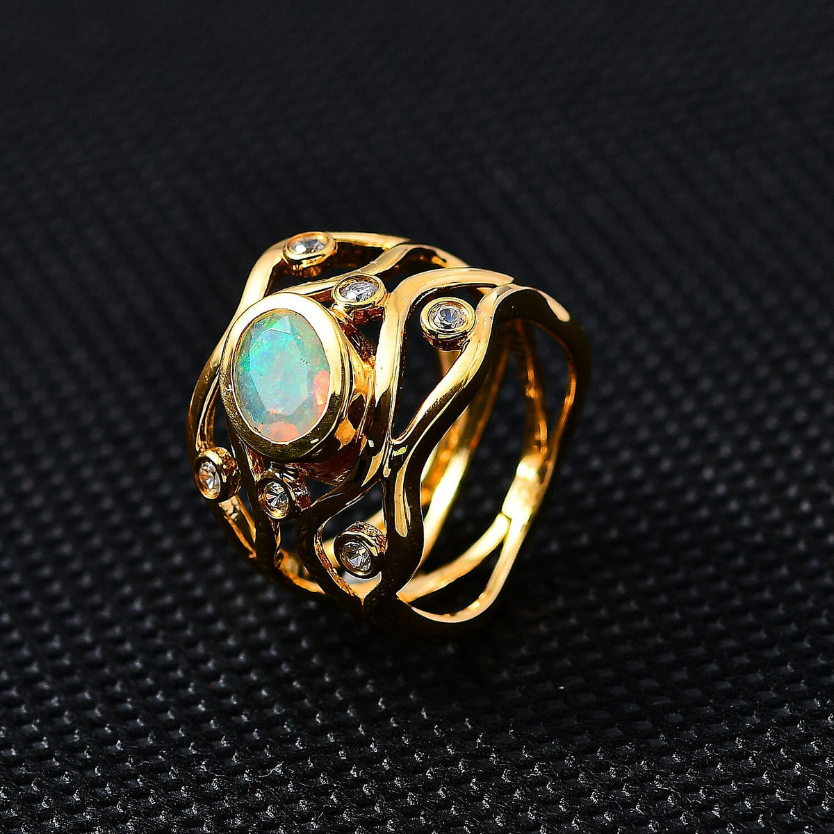 Ethiopian Welo Opal and Natural Zircon Cluster Ring in 18K Yellow Gold Vermeil Plated Sterling Silver 7716008 2