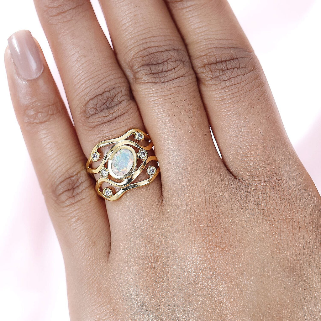 Ethiopian Welo Opal & Natural Zircon Ring in 18K Yellow Gold Vermeil Plated Sterling Silver 1.00 Ct, Silver Wt 6.22 GM