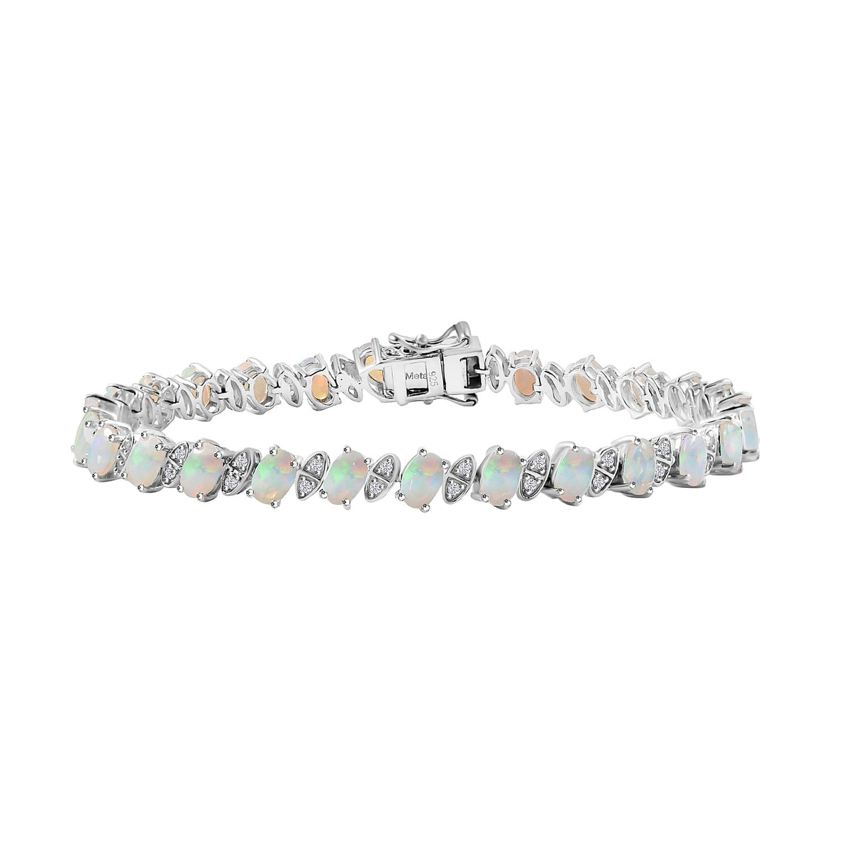 Ethiopian Opal and White Zircon Line Bracelet (Size - 7) in Rhodium Overlay Sterling Silver 7951723 0