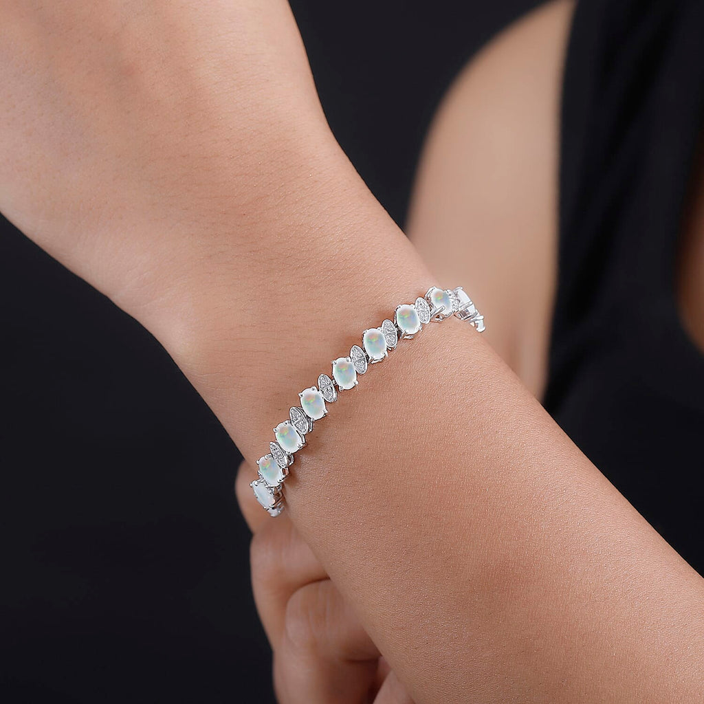 Ethiopian Opal & Natural Zircon Bracelet 1 Row (Size - 8) with GB Lock Box in Rhodium Overlay Sterling Silver 8.01 Ct, Silver Wt. 12.46 Gms