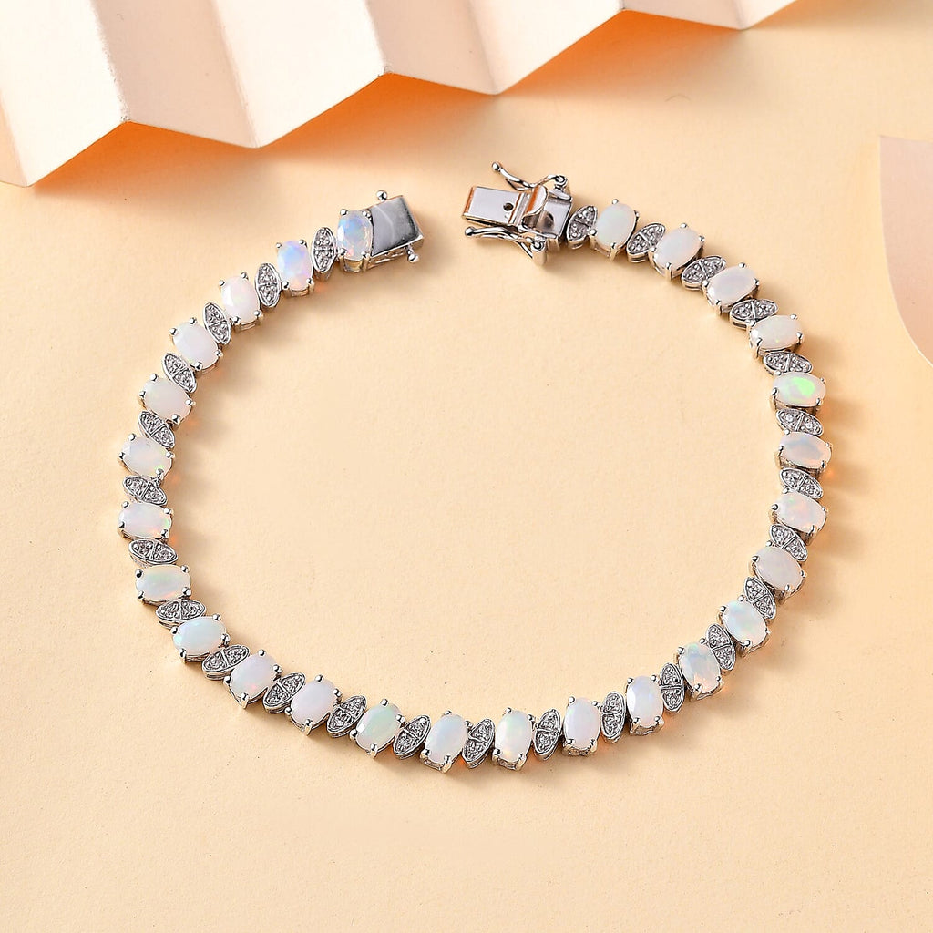 Ethiopian Opal & Natural Zircon Bracelet 1 Row (Size - 8) with GB Lock Box in Rhodium Overlay Sterling Silver 8.01 Ct, Silver Wt. 12.46 Gms