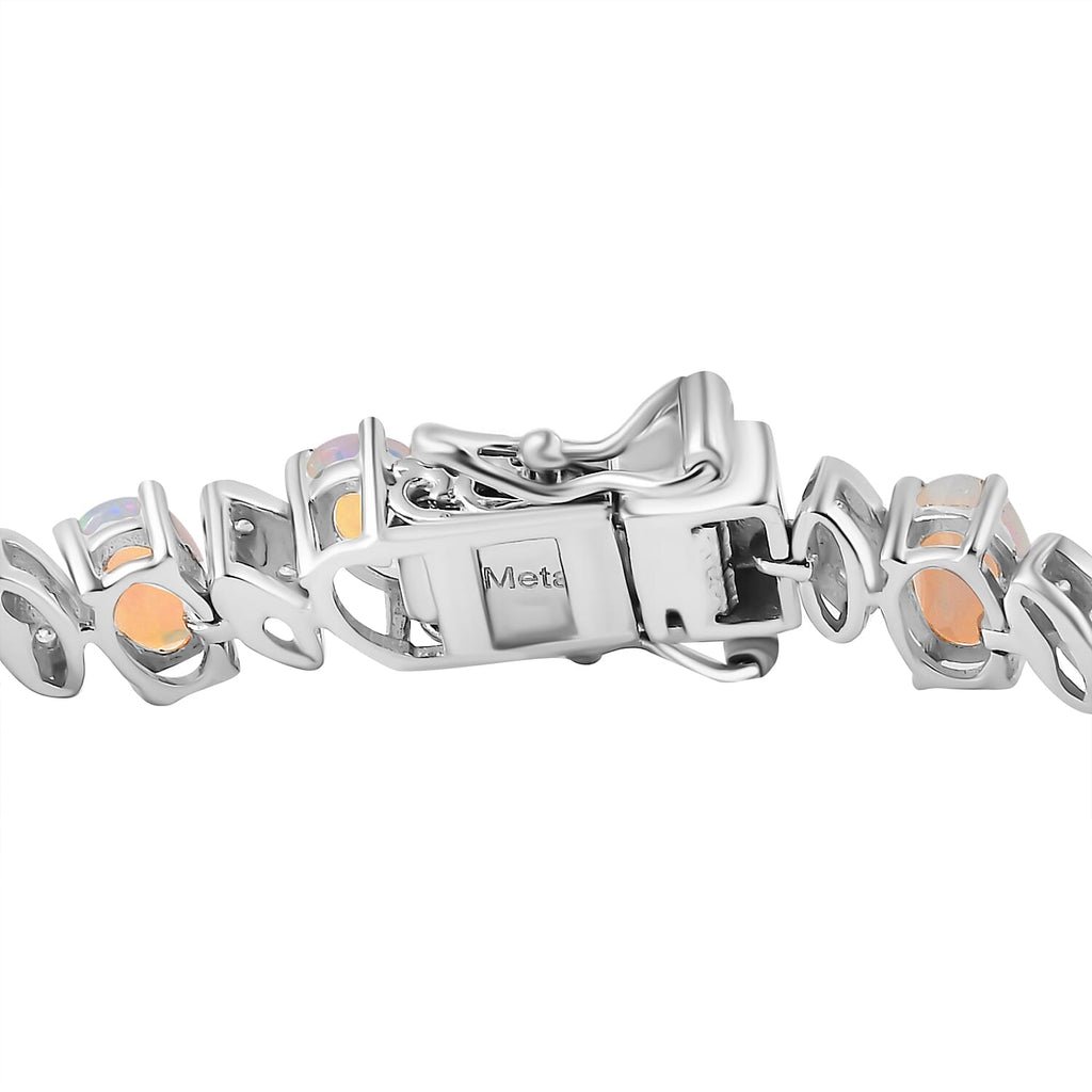 Ethiopian Opal & Natural Zircon Bracelet 1 Row (Size - 8) with GB Lock Box in Rhodium Overlay Sterling Silver 8.01 Ct, Silver Wt. 12.46 Gms
