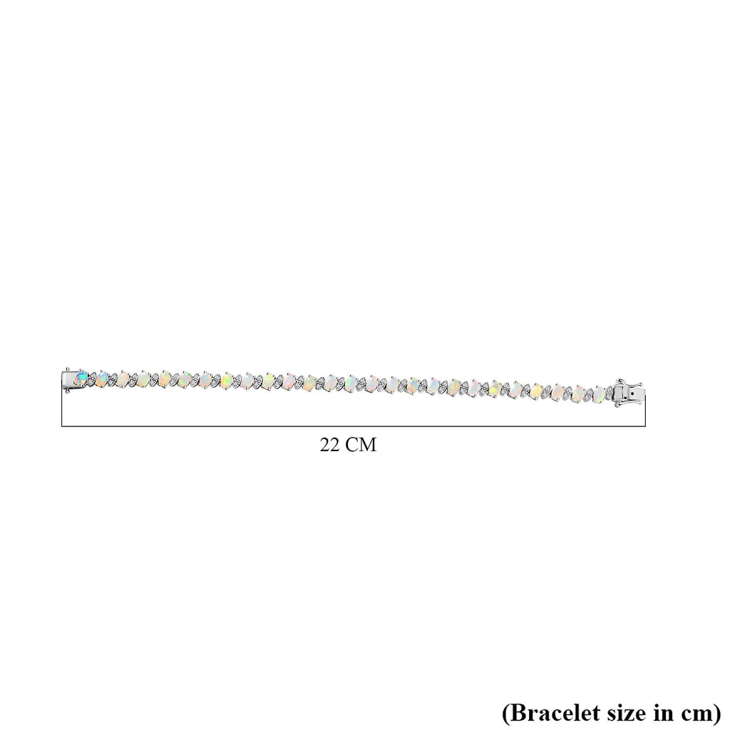 Ethiopian Opal & Natural Zircon Bracelet 1 Row (Size - 8) with GB Lock Box in Rhodium Overlay Sterling Silver 8.01 Ct, Silver Wt. 12.46 Gms