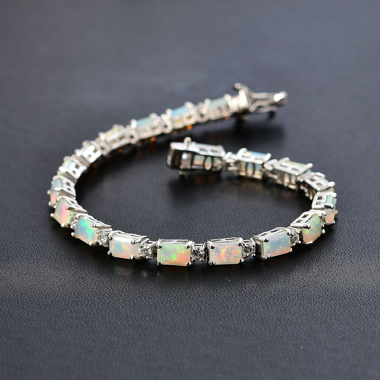 Premium Ethiopian Welo Opal and Natural Zircon Tennis Bracelet (Size - 7) in Platinum Overlay Sterling Silver 7771097 2