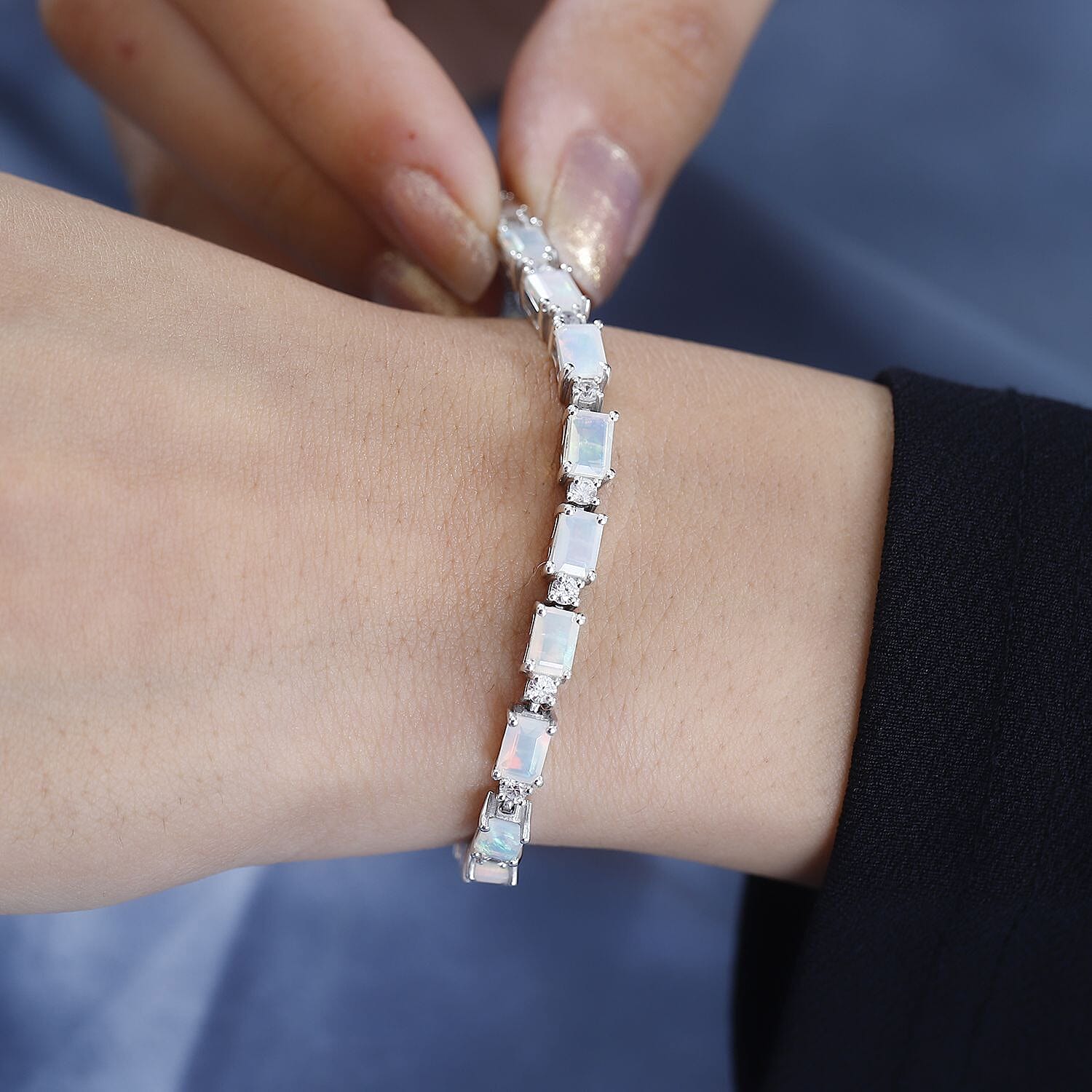 Premium Ethiopian Welo Opal and Natural Zircon Tennis Bracelet (Size - 7) in Platinum Overlay Sterling Silver 7771097 3