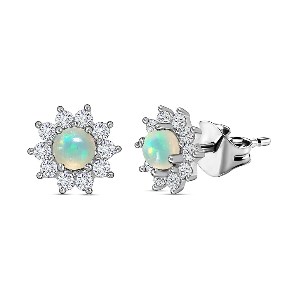 Ethiopian Welo Opal & Natural Zircon Stud Floral Earrings with Push Back in Platinum Overlay Sterling Silver
