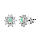 Ethiopian Welo Opal & Natural Zircon Stud Floral Earrings with Push Back in Platinum Overlay Sterling Silver