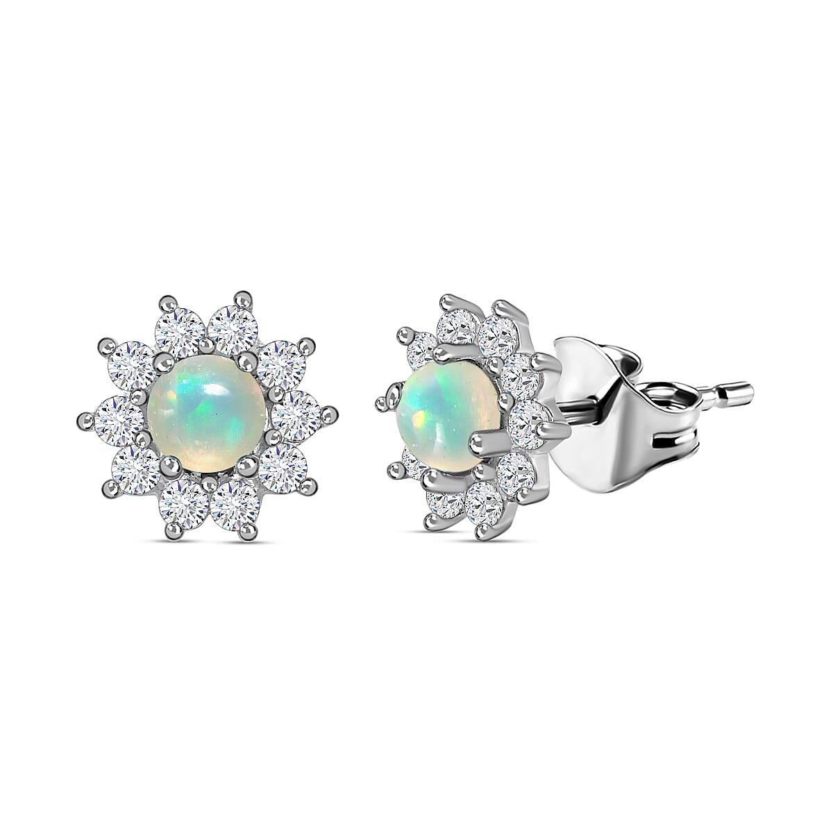 Ethiopian Welo Opal, Natural Zircon Halo Earrings with Push Back in Platinum Overlay Sterling Silver 7571990 0