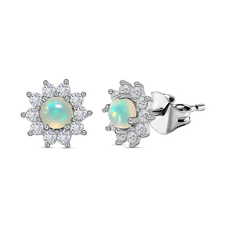 Ethiopian Welo Opal, Natural Zircon Halo Earrings with Push Back in Platinum Overlay Sterling Silver 7571990 1