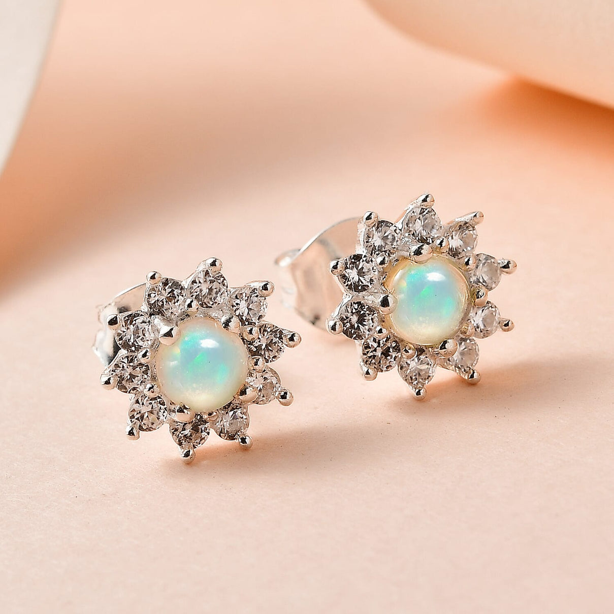Ethiopian Welo Opal, Natural Zircon Halo Earrings with Push Back in Platinum Overlay Sterling Silver 7571990 2