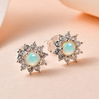 Ethiopian Welo Opal & Natural Zircon Stud Floral Earrings with Push Back in Platinum Overlay Sterling Silver