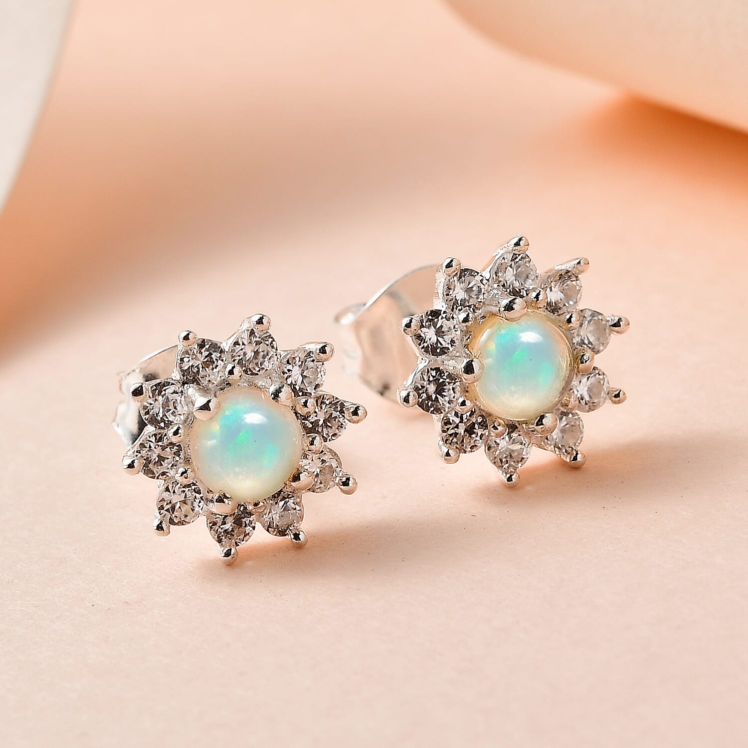 Ethiopian Welo Opal, Natural Zircon Halo Earrings with Push Back in Platinum Overlay Sterling Silver 7571990 2